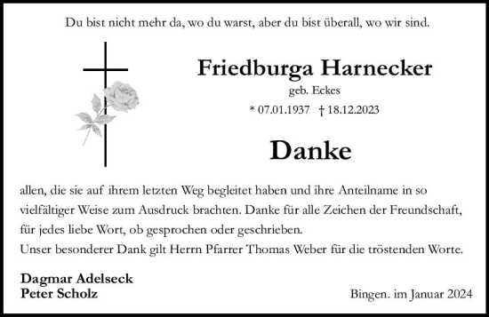 Traueranzeige von Friedburga Harnecker von Allgemeine Zeitung Bingen/Ingelheim