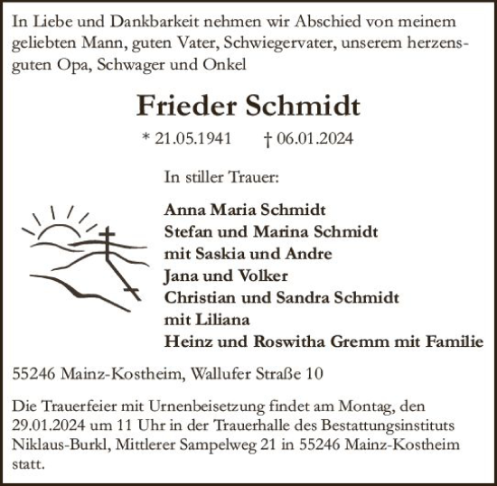 Traueranzeige von Frieder Schmidt von Allgemeine Zeitung Mainz
