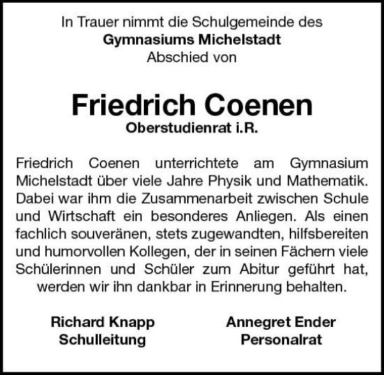 Traueranzeige von Friedrich Coenen von Odenwälder Echo