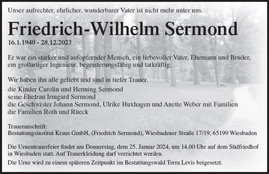 Traueranzeige von Friedrich-Wilhelm Sermond von Wiesbadener Kurier