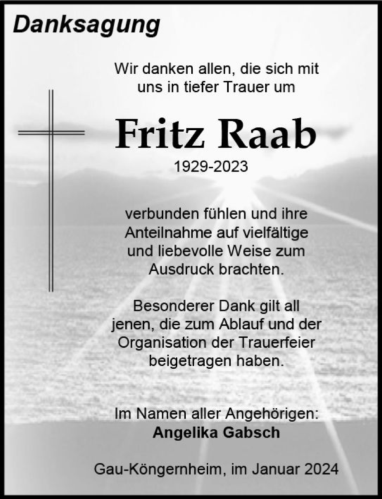 Traueranzeige für Fritz Raab vom 20.01.2024 aus Allgemeine Zeitung Alzey