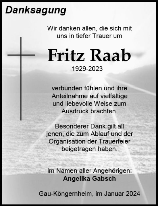 Traueranzeige von Fritz Raab von Allgemeine Zeitung Alzey