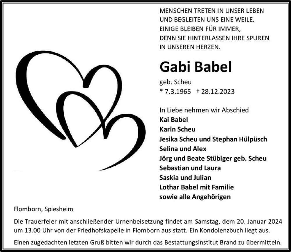  Traueranzeige für Gabi Babel vom 13.01.2024 aus Allgemeine Zeitung Alzey