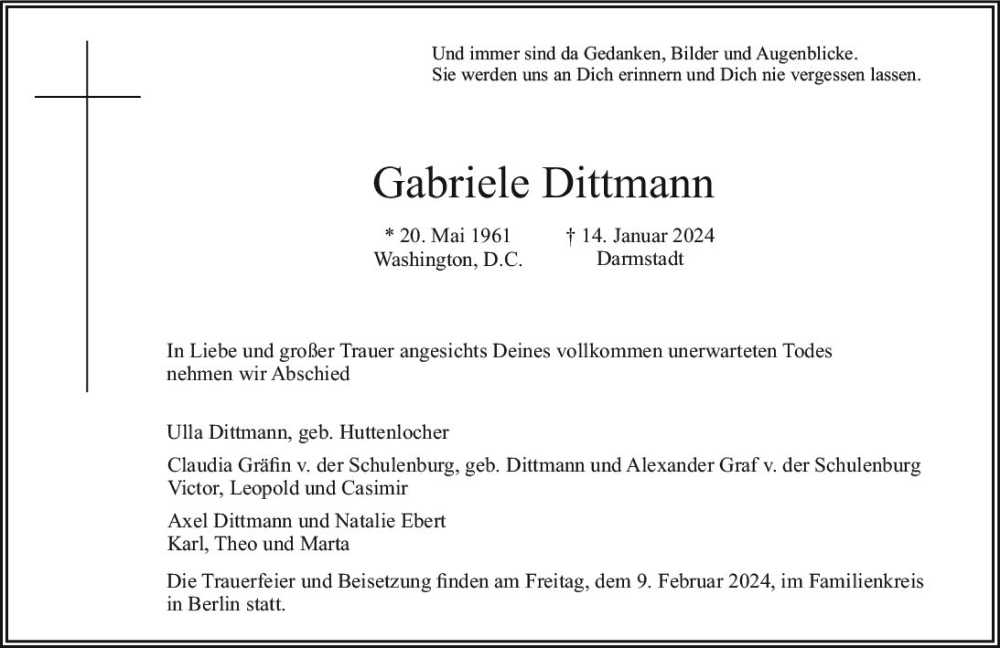  Traueranzeige für Gabriele Dittmann vom 27.01.2024 aus Darmstädter Echo