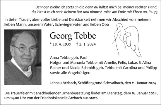 Traueranzeige von Georg Tebbe von Wetzlarer Neue Zeitung