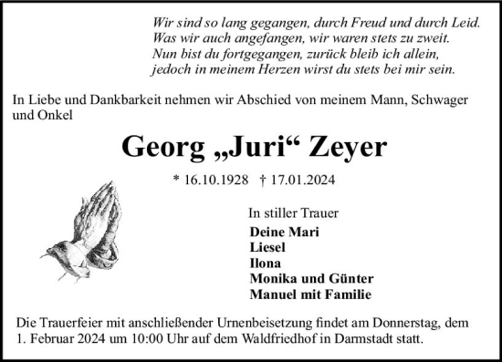 Traueranzeige von Georg Zeyer von Darmstädter Echo