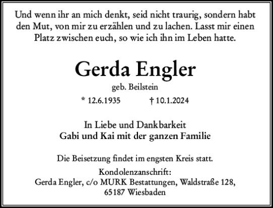 Traueranzeige von Gerda Engler von Wiesbadener Kurier
