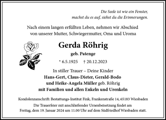 Traueranzeige von Gerda Röhrig von Wiesbadener Kurier