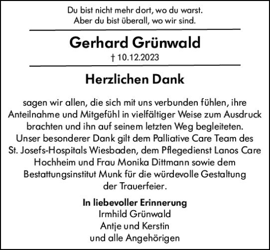 Traueranzeige von Gerhard Grünwald von Hochheimer Zeitung