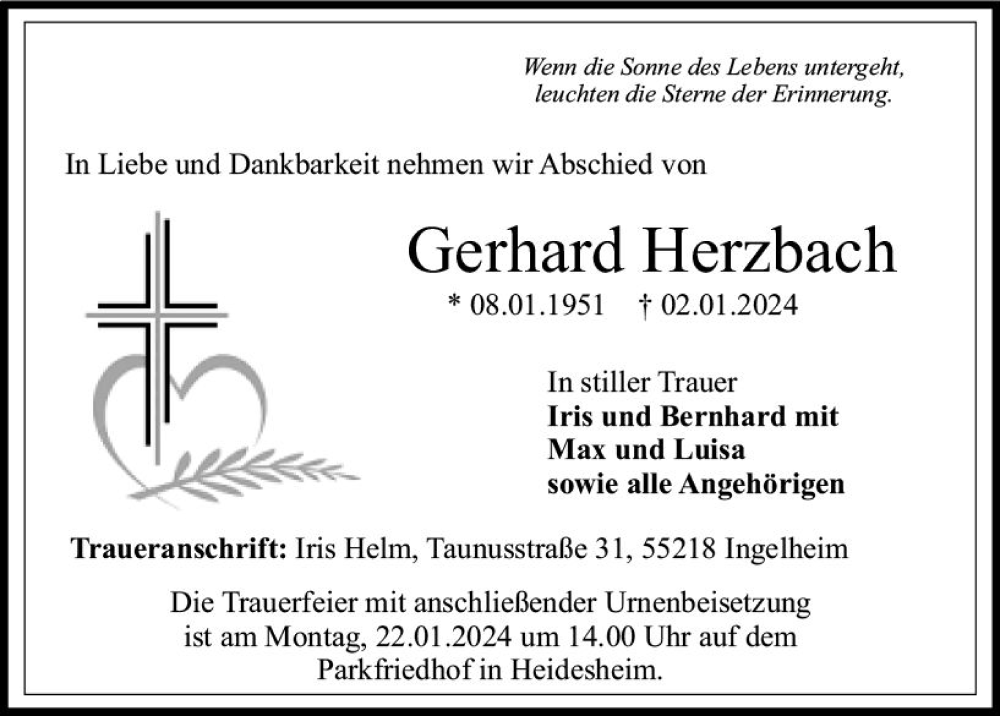  Traueranzeige für Gerhard Herzbach vom 19.01.2024 aus Allgemeine Zeitung Bingen/Ingelheim