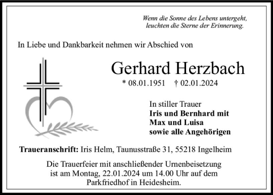 Traueranzeige von Gerhard Herzbach von Allgemeine Zeitung Bingen/Ingelheim