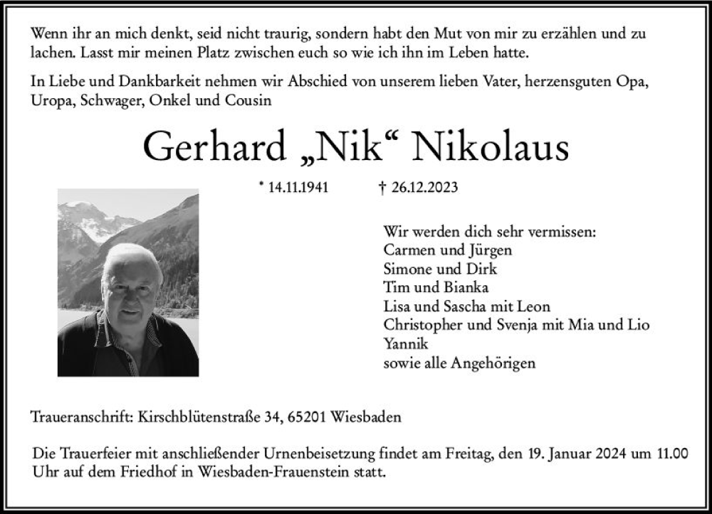 Traueranzeige für Gerhard Nikolaus vom 13.01.2024 aus Wiesbadener Kurier