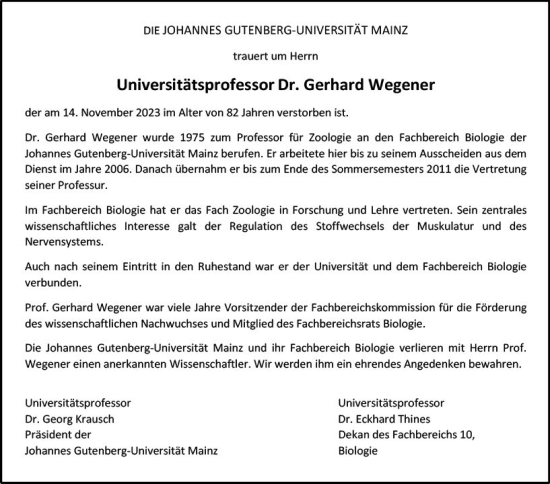 Traueranzeige von Gerhard Wegener von Allgemeine Zeitung Mainz