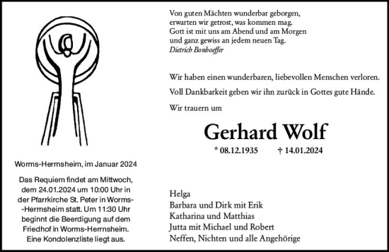 Traueranzeige von Gerhard Wolf von Wormser Zeitung
