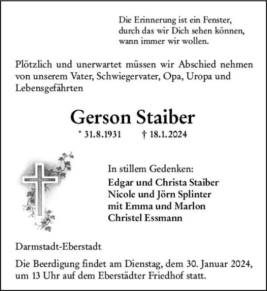 Traueranzeige von Gerson Staiber von Darmstädter Echo