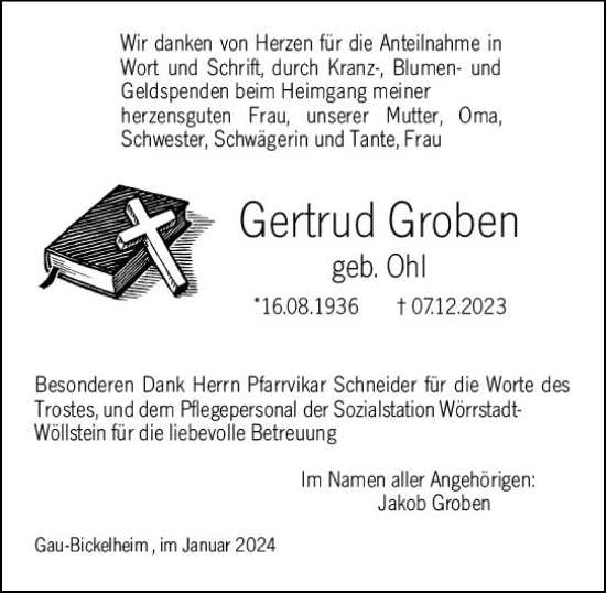 Traueranzeige von Gertrud Groben von Allgemeine Zeitung Alzey