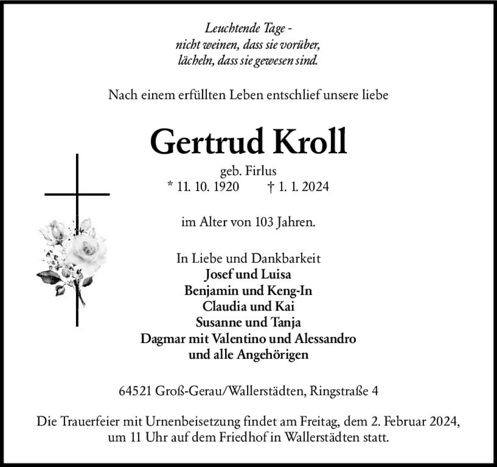  Traueranzeige für Gertrud Kroll vom 27.01.2024 aus Groß-Gerauer Echo