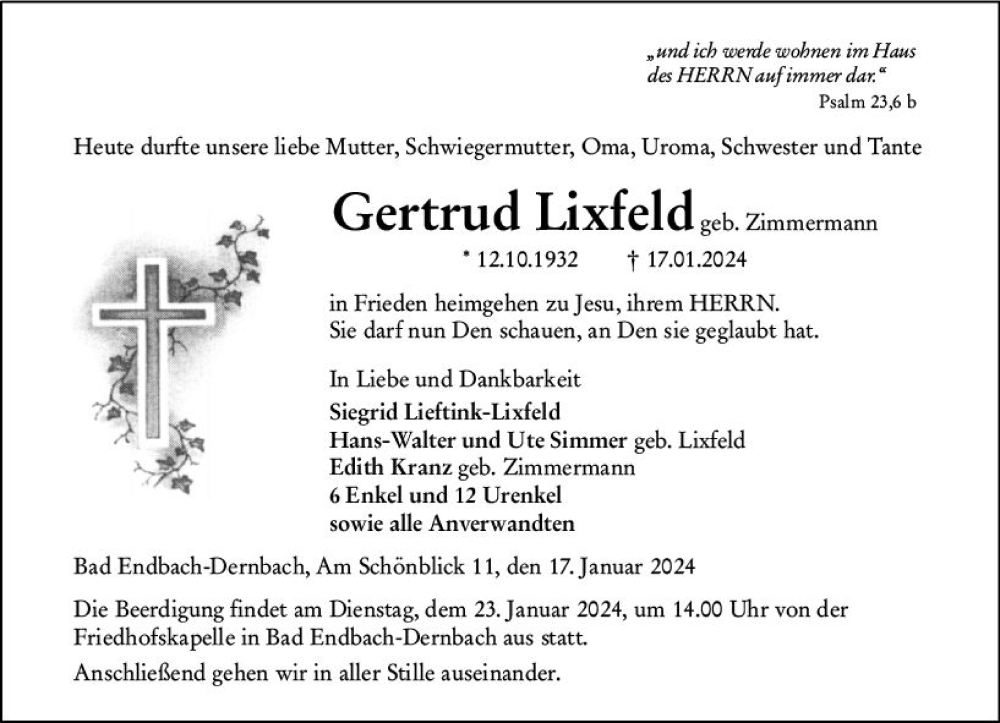  Traueranzeige für Gertrud Lixfeld vom 20.01.2024 aus Hinterländer Anzeiger