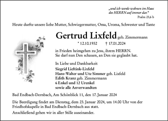 Traueranzeige von Gertrud Lixfeld von Hinterländer Anzeiger