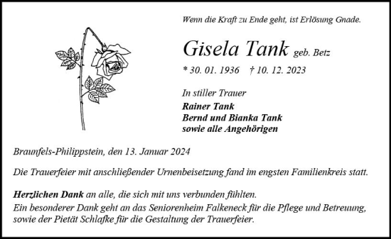 Traueranzeige von Gisela Tank von Wetzlarer Neue Zeitung