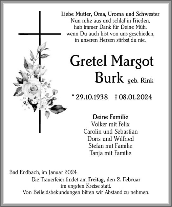 Traueranzeige von Gretel Margot Burk von Hinterländer Anzeiger
