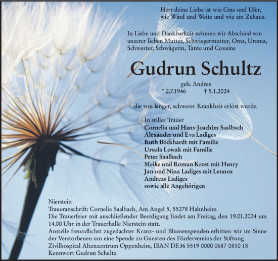 Traueranzeige von Gudrun Schultz von Allgemeine Zeitung Mainz