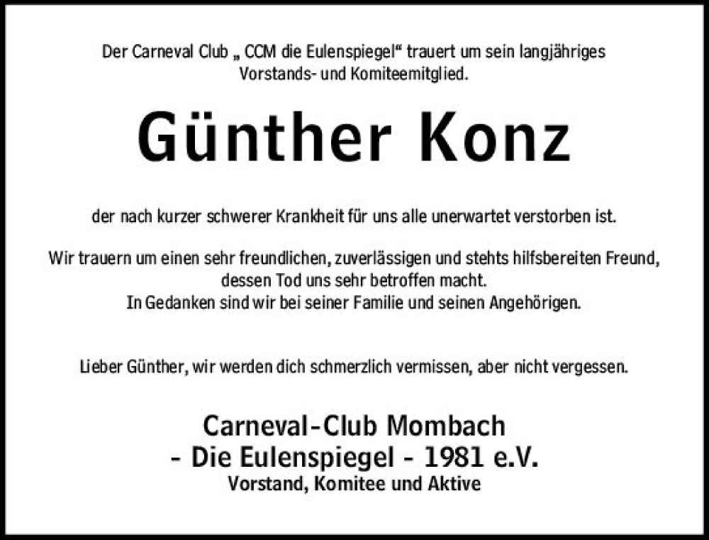  Traueranzeige für Günther Konz vom 20.01.2024 aus Allgemeine Zeitung Mainz