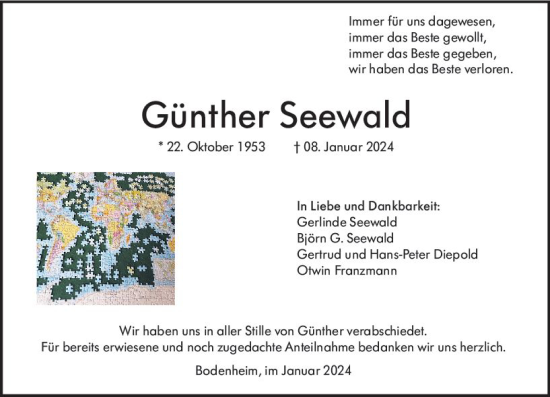 Traueranzeige von Günther Seewald von Allgemeine Zeitung Mainz