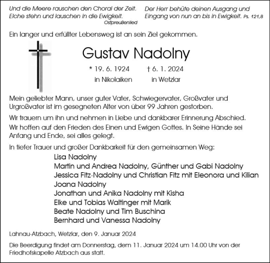 Traueranzeige von Gustav Nadolny von Wetzlarer Neue Zeitung