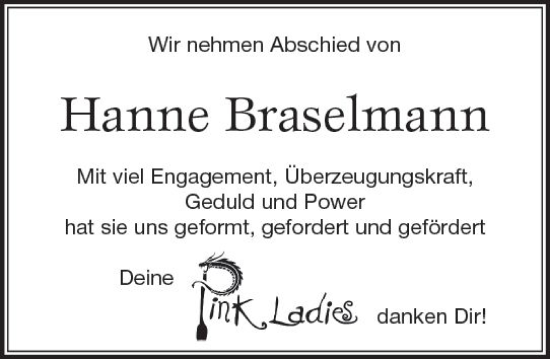 Traueranzeige von Hanne Braselmann von Wiesbadener Kurier