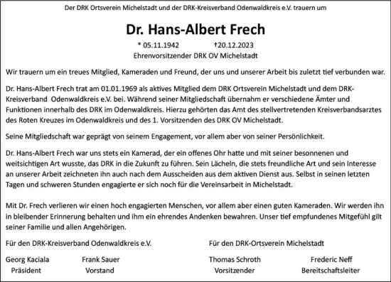 Traueranzeige von Hans-Albert Frech von Odenwälder Echo