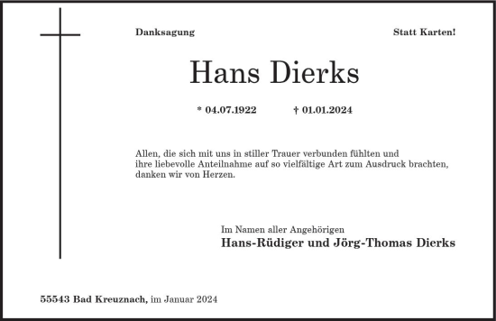 Traueranzeige von Hans Dierks von Allgemeine Zeitung Bad Kreuznach
