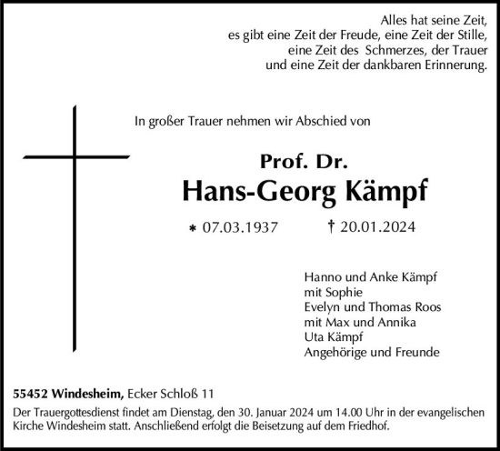 Traueranzeige von Hans-Georg Kämpf von Allgemeine Zeitung Bad Kreuznach