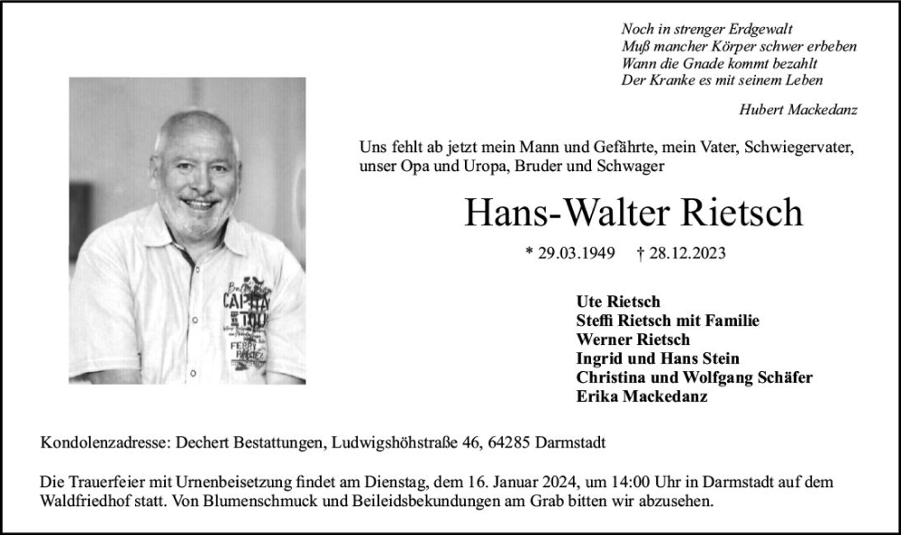  Traueranzeige für Hans-Walter Rietsch vom 13.01.2024 aus Darmstädter Echo
