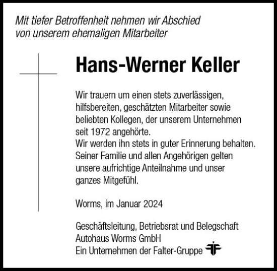 Traueranzeige von Hans-Werner Keller von Wormser Zeitung