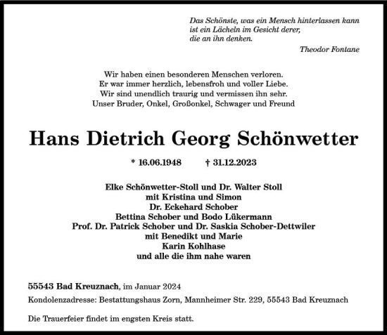 Traueranzeige von Hans Dietrich Georg Schönwetter von Allgemeine Zeitung Bad Kreuznach