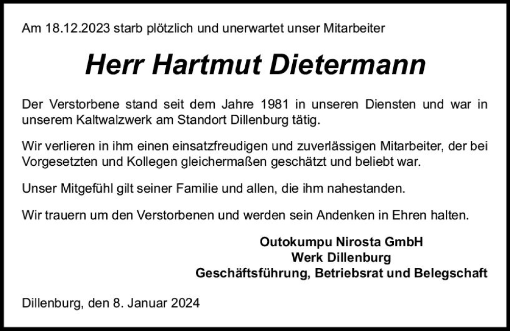 Traueranzeige für Hartmut Dietermann vom 12.01.2024 aus Dill Block
