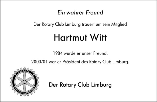 Traueranzeige von Hartmut Witt von Nassauische Neue Presse