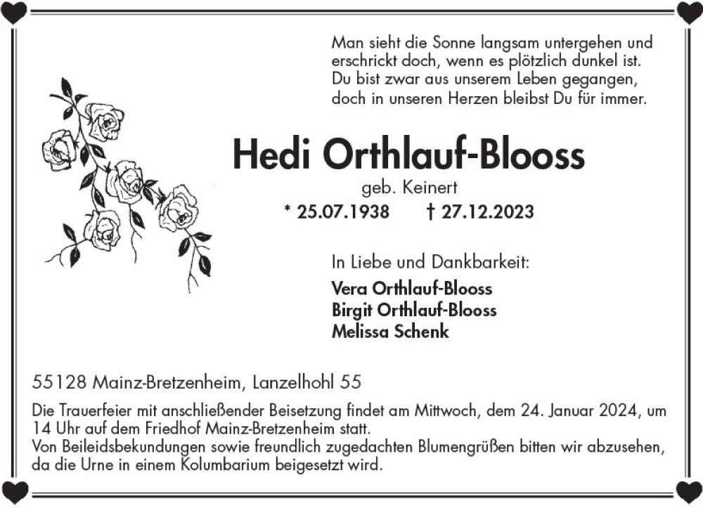  Traueranzeige für Hedi Orthlauf-Blooss vom 20.01.2024 aus Allgemeine Zeitung Mainz