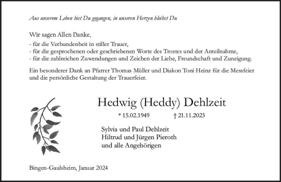 Traueranzeige von Hedwig Dehlzeit von Binger-/Ingelheimer Wochenblatt