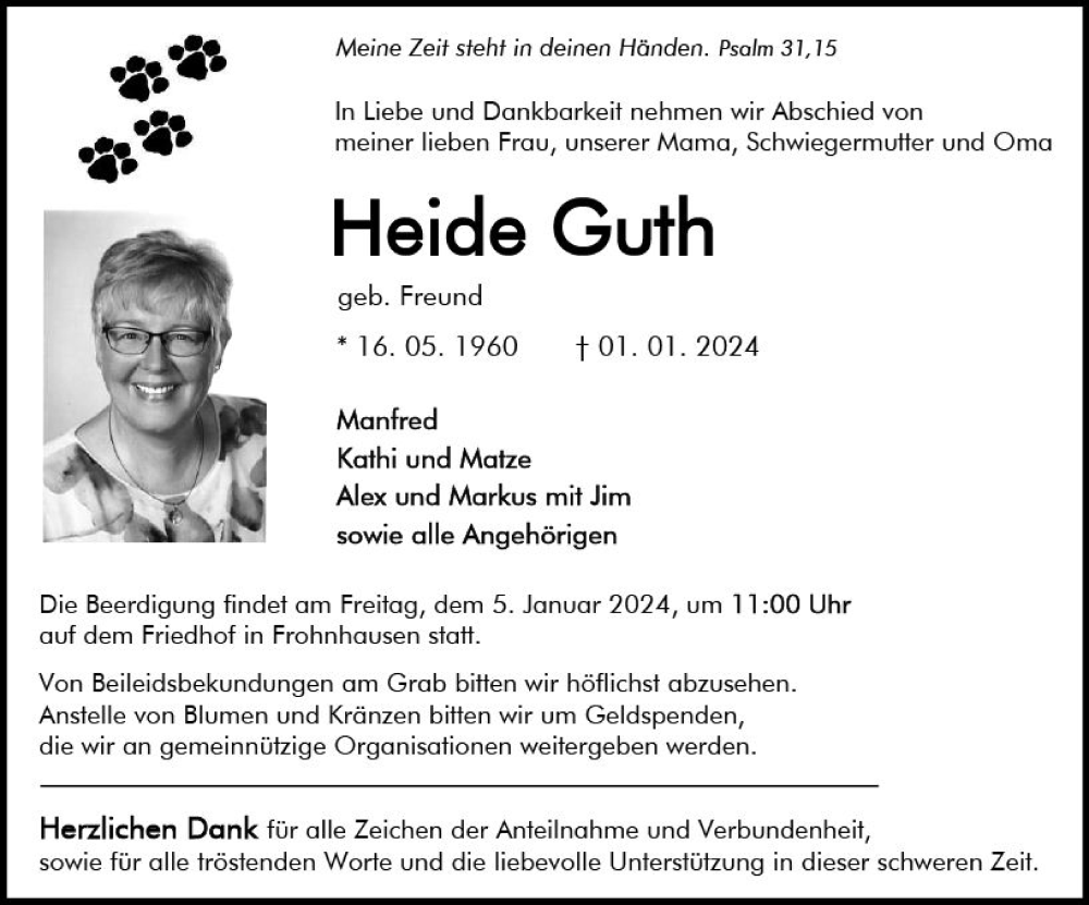  Traueranzeige für Heide Guth vom 03.01.2024 aus Dill Block