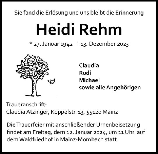 Traueranzeige von Heidi Rehm von Allgemeine Zeitung Mainz