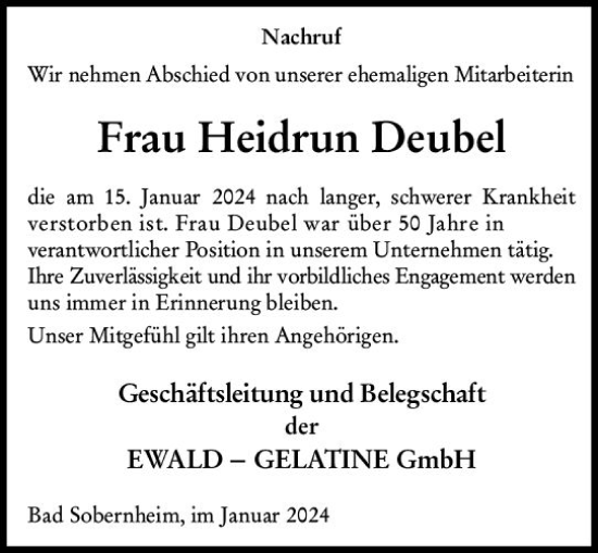 Traueranzeige von Heidrun Deubel von Allgemeine Zeitung Bad Kreuznach