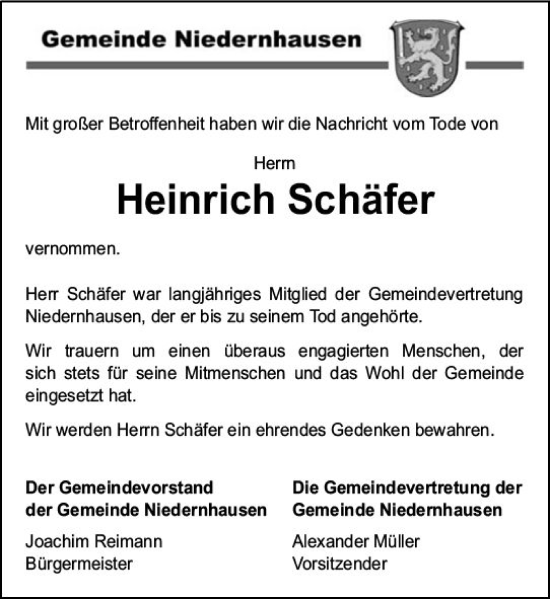 Traueranzeige von Heinrich Schäfer von Idsteiner Land/Untertaunus