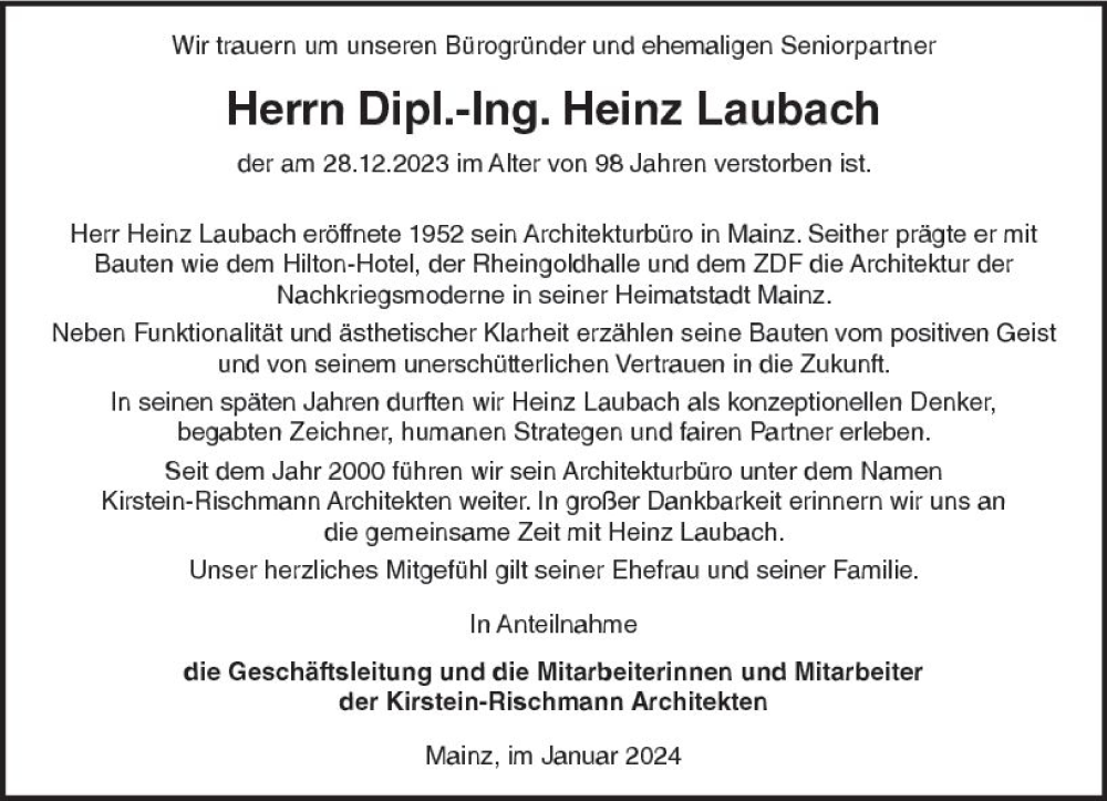  Traueranzeige für Heinz Laubach vom 04.01.2024 aus Allgemeine Zeitung Mainz