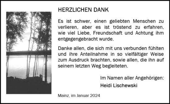 Traueranzeige von Heinz Lischewski von Allgemeine Zeitung Mainz
