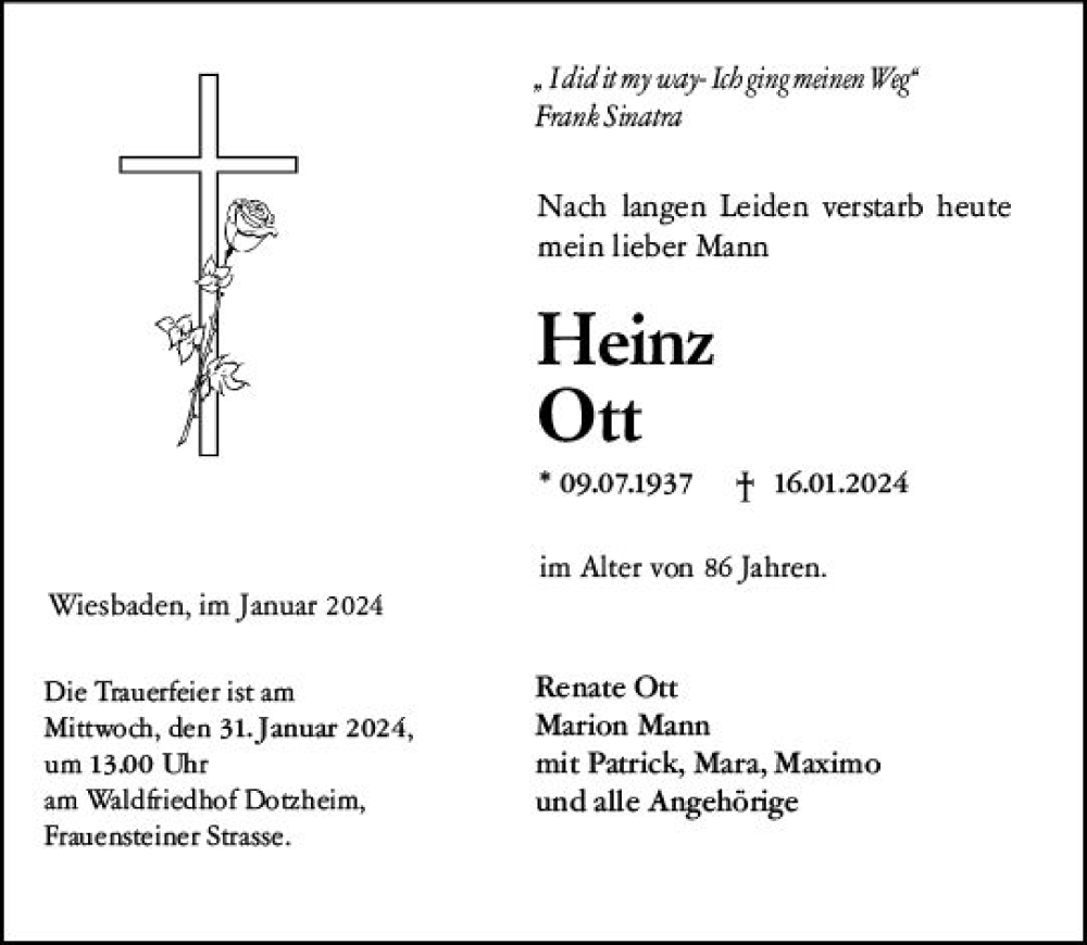 Traueranzeige für Heinz Ott vom 27.01.2024 aus Wiesbadener Kurier