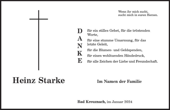 Traueranzeige von Heinz Starke von Allgemeine Zeitung Bad Kreuznach