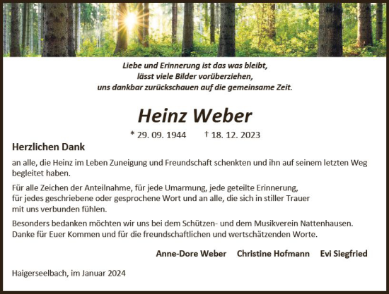 Traueranzeige von Heinz Weber von Dill Block