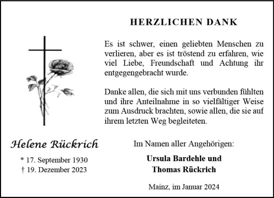 Traueranzeige von Helene Rückrich von Allgemeine Zeitung Mainz